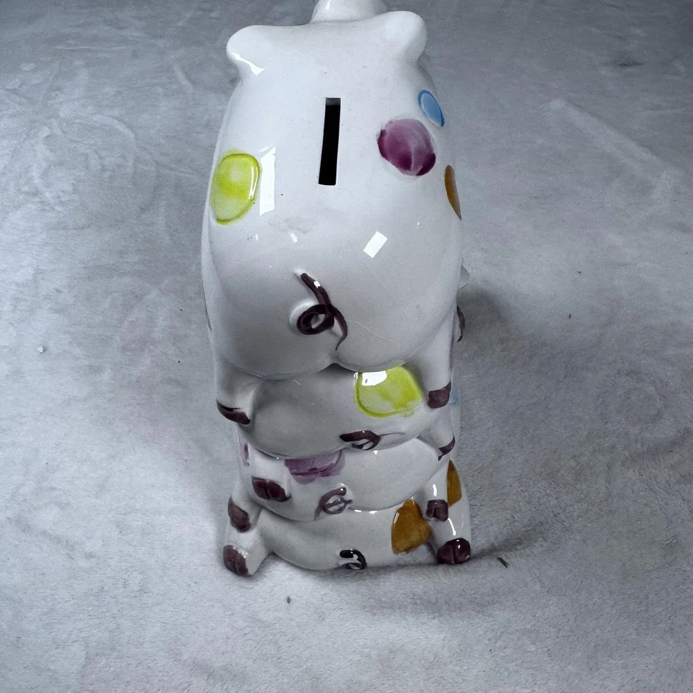 Ceramic Piggy Coin Bank Stacked Three‎ Pigs Colorful Polka Dot White Taiwan